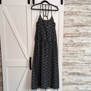 Athleta Ariel Novella Black Stripe Caged Back Cinch Waist Maxi Dress